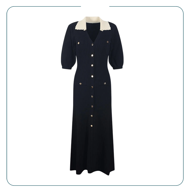 Polo V-Neck Bubble Sleeve Long Dress