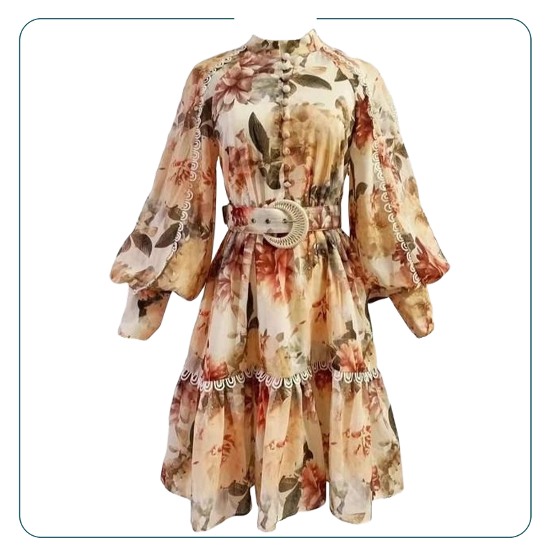 Stand Collar Long Sleeve Belt Floral Dress