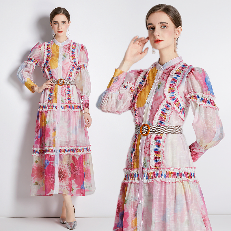 Vintage Floral Print Maxi Dress with Belt and Ruffles