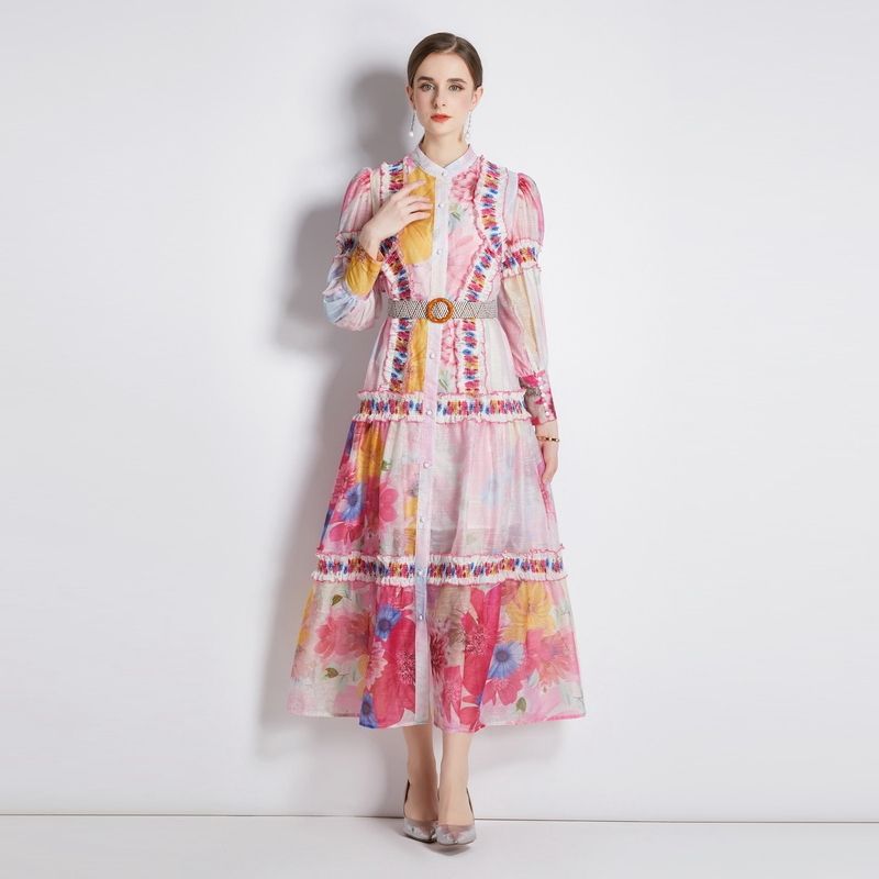 Vintage Floral Print Maxi Dress with Belt and Ruffles