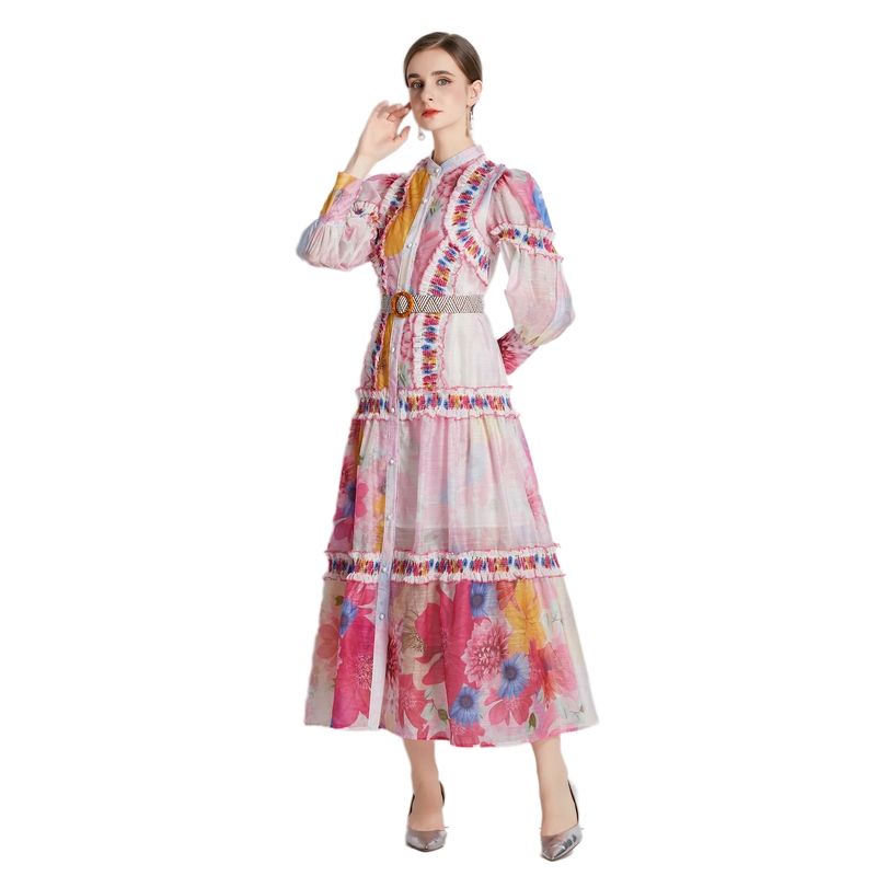Vintage Floral Print Maxi Dress with Belt and Ruffles