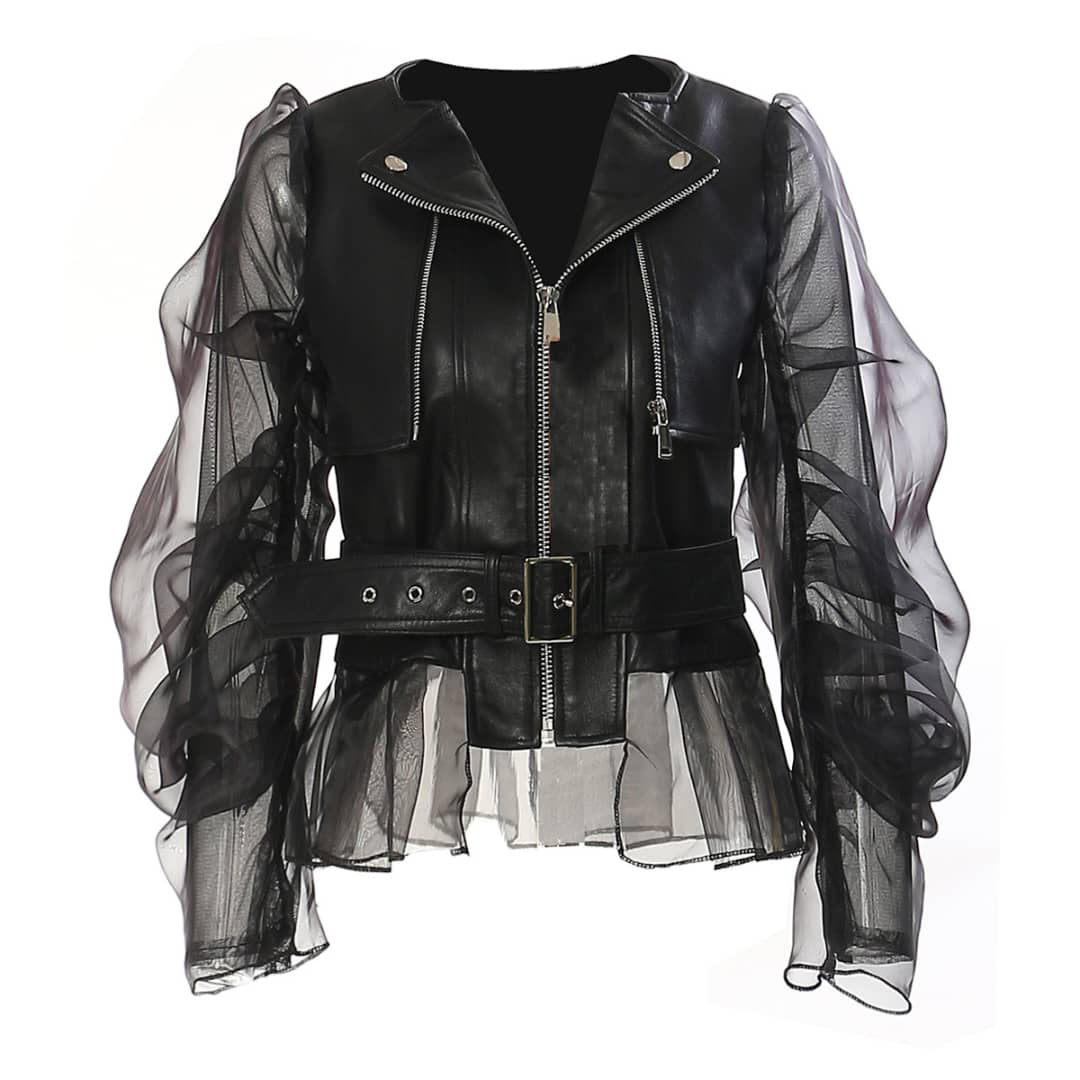Black Mesh Double Sleeves Jacket with Zipper and Tulle Hem