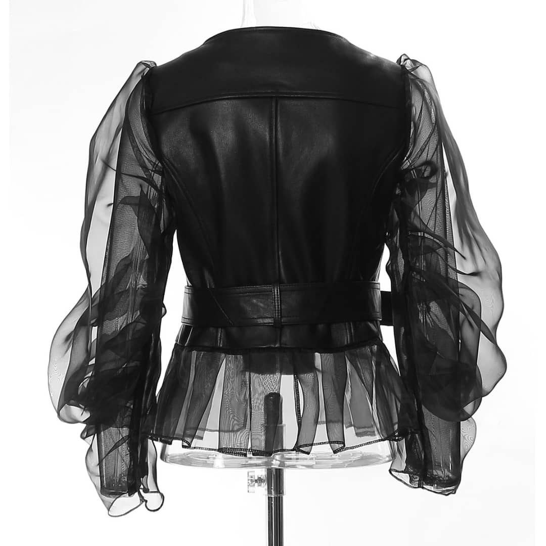 Black Mesh Double Sleeves Jacket with Zipper and Tulle Hem