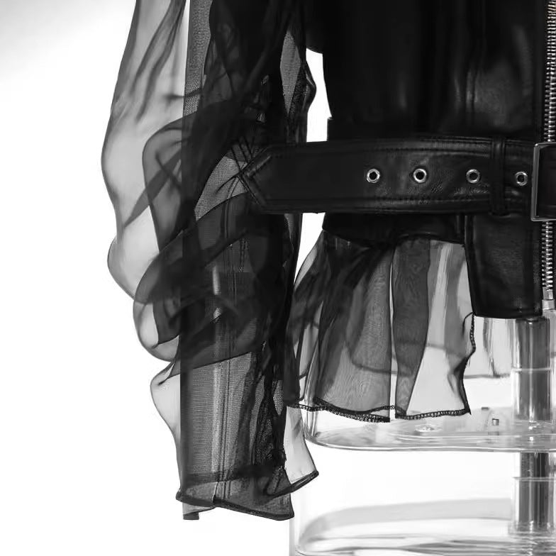Black Mesh Double Sleeves Jacket with Zipper and Tulle Hem