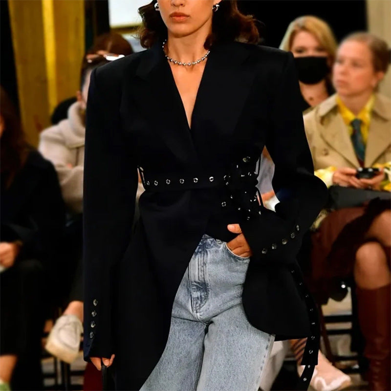 V-Neck Patchwork Belted Blazer