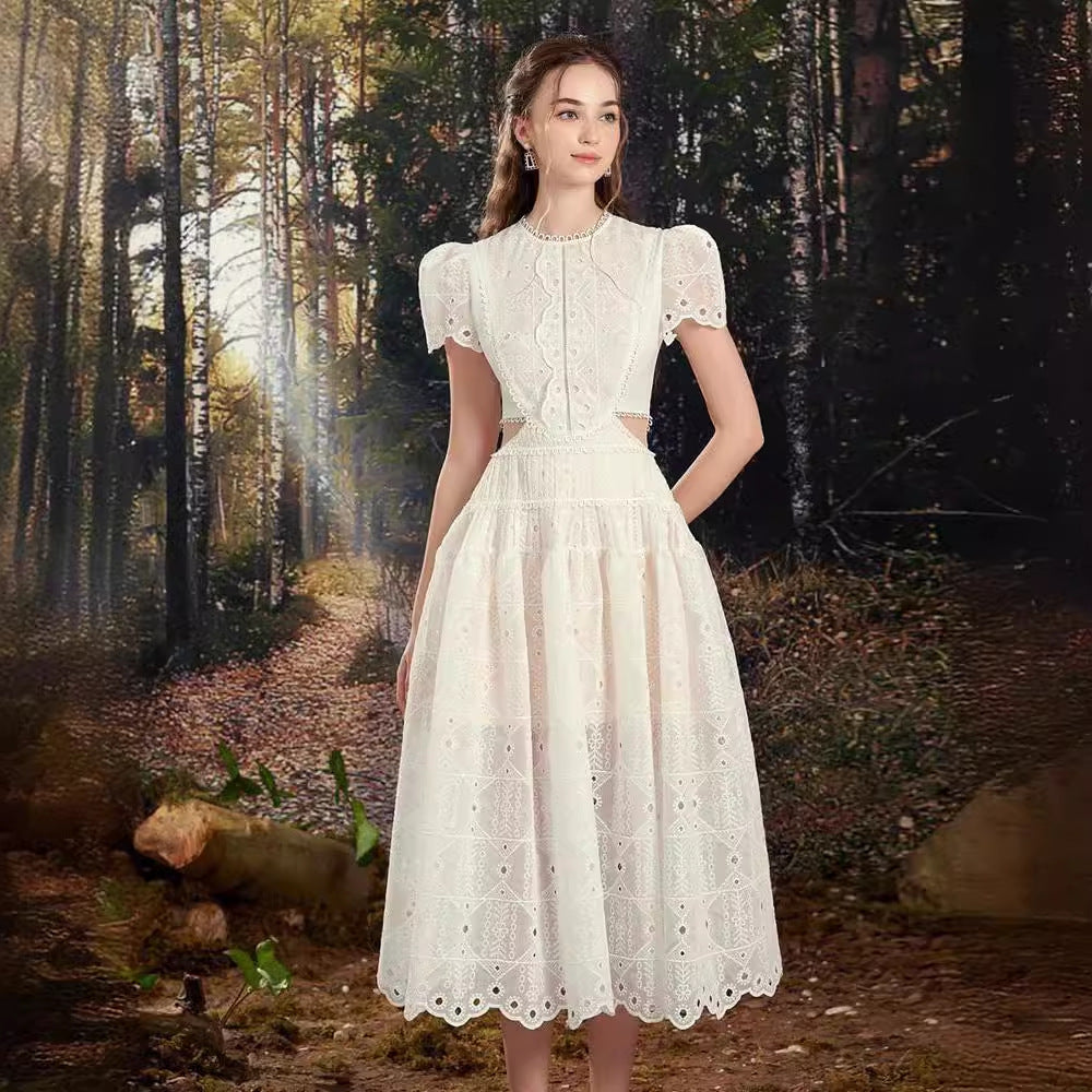 A-Line Lace Hollow Out Round Neck White Dress