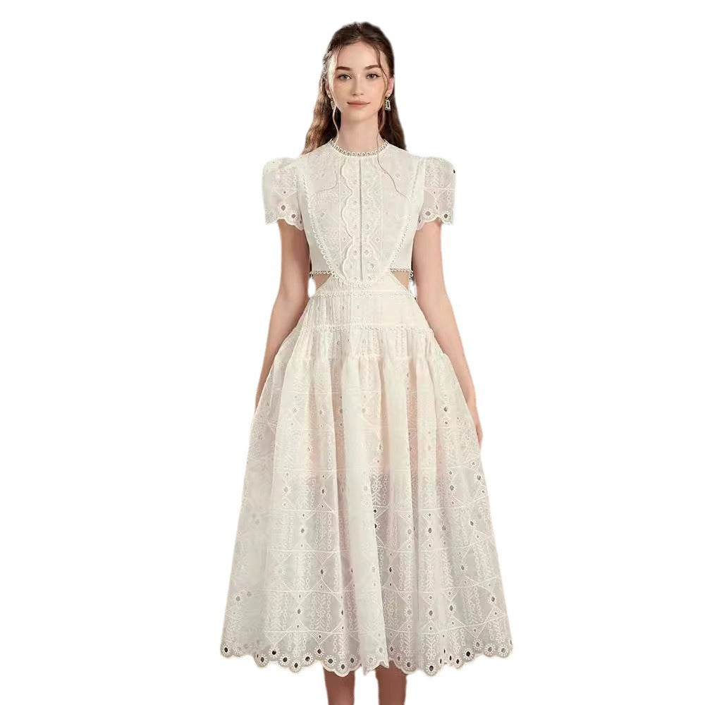 A-Line Lace Hollow Out Round Neck White Dress