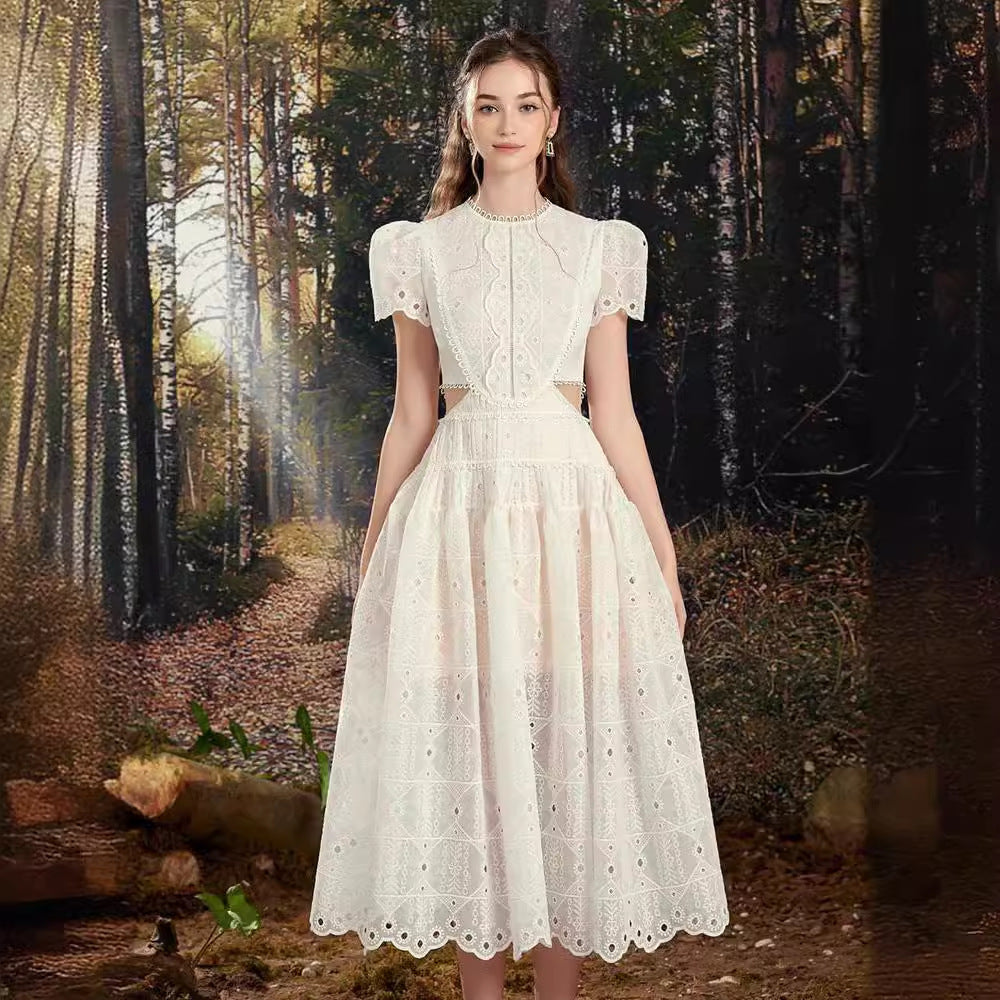 A-Line Lace Hollow Out Round Neck White Dress