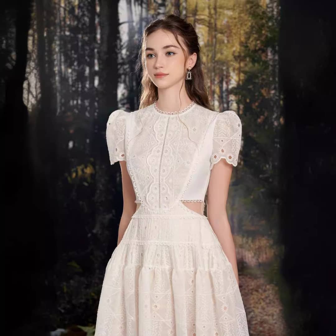 A-Line Lace Hollow Out Round Neck White Dress
