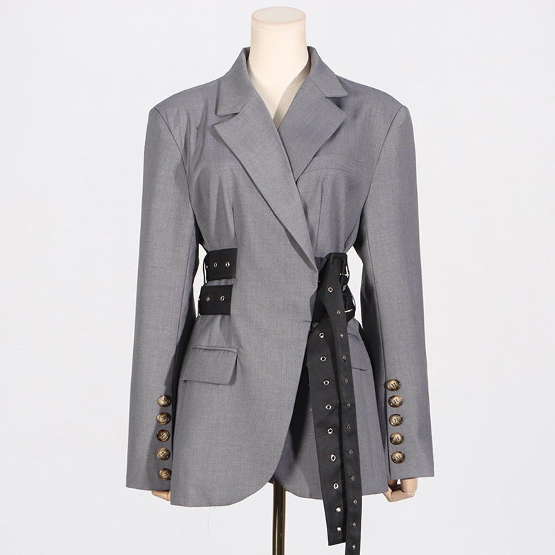 V-Neck Patchwork Belted Blazer