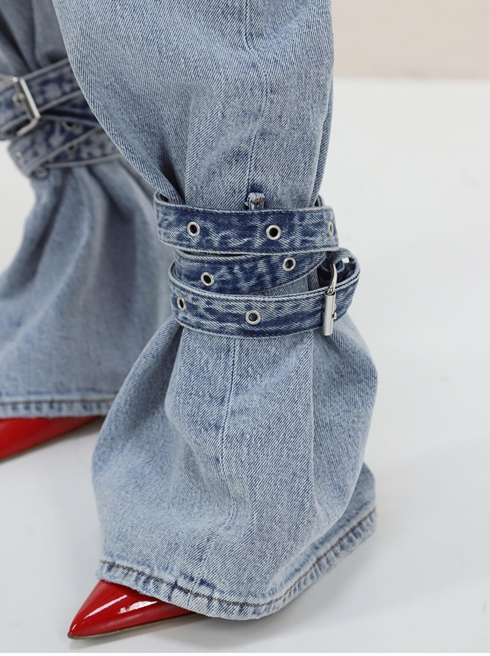 Vintage Street Fashion Strap Lacing Wide Straight Leg Cargo Jeans