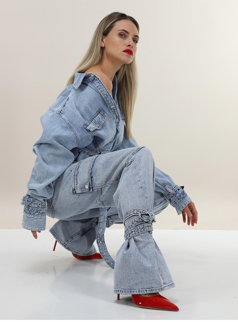 Vintage Street Fashion Strap Lacing Wide Straight Leg Cargo Jeans