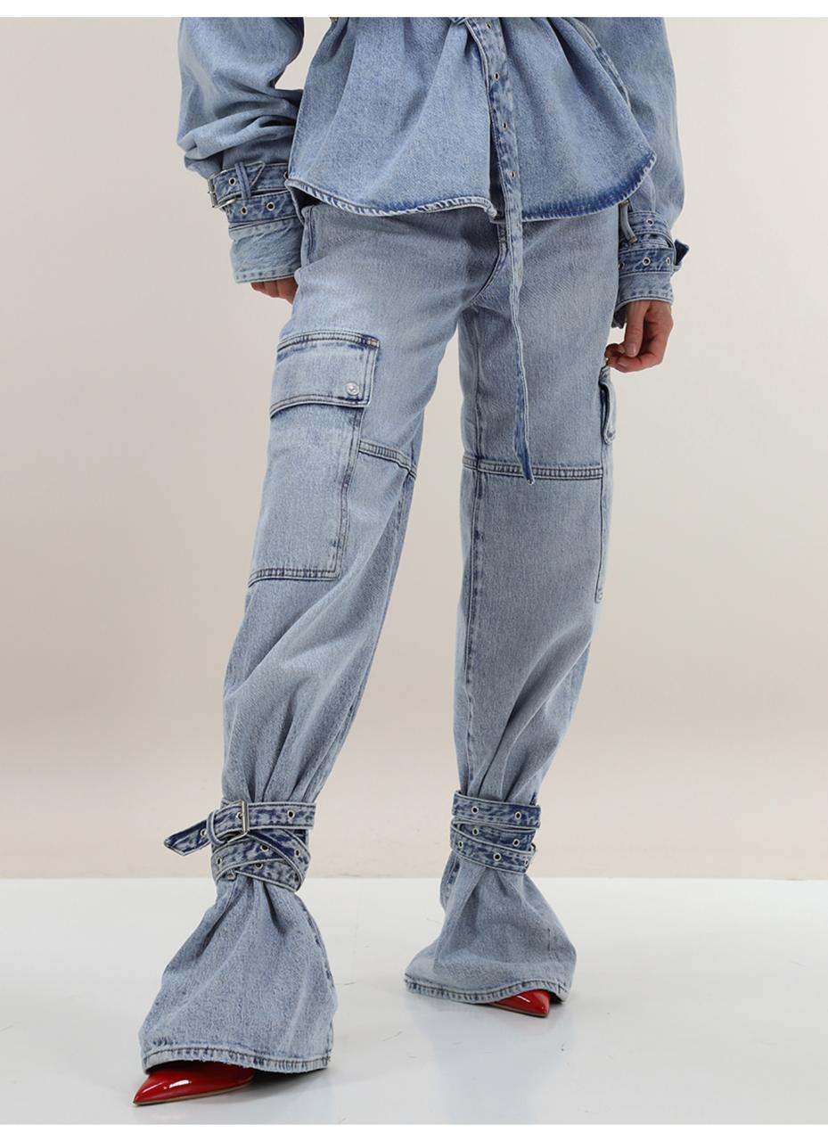 Vintage Street Fashion Strap Lacing Wide Straight Leg Cargo Jeans