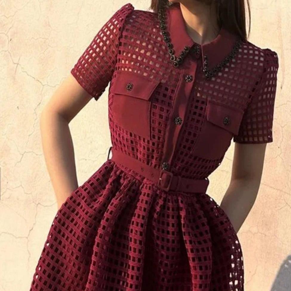 Lace Up Hollow Retro Wine Red Dress