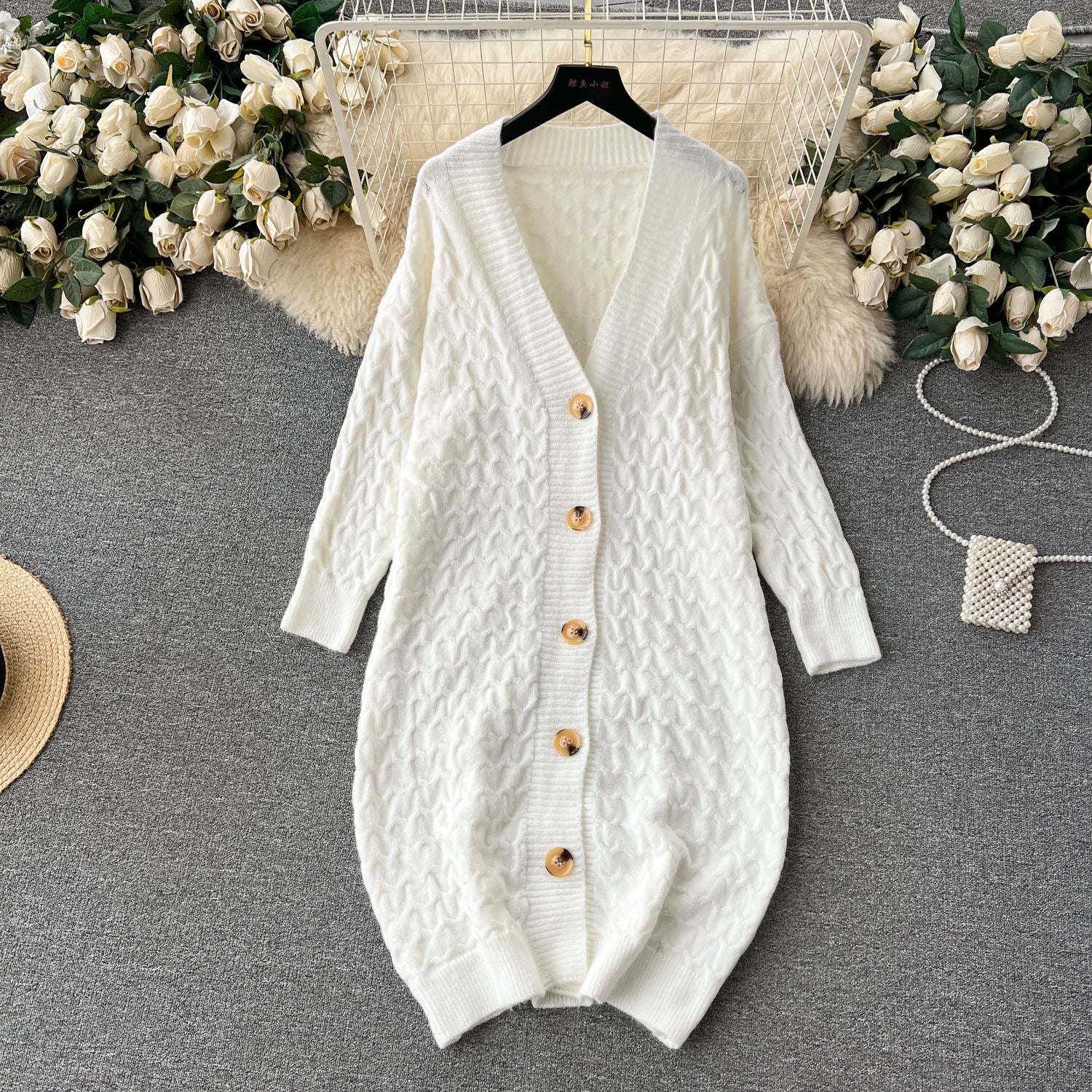 Loose Twist Sweater Coat & Knit Halter Skirt 2-Piece Set