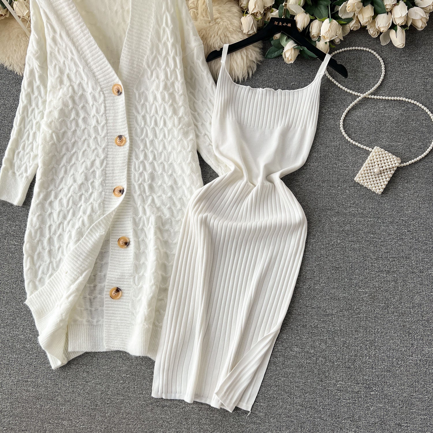 Loose Twist Sweater Coat & Knit Halter Skirt 2-Piece Set