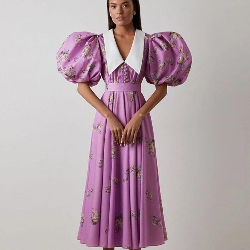 Buttoned Belted Court Style Floral Puff Sleeve Long Dress