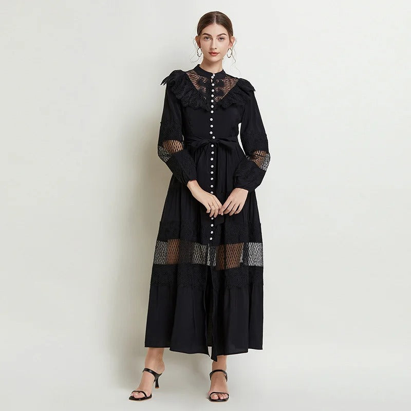 Pearl Button Lace Maxi Dress with Ruffles