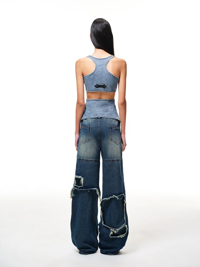 Trendy Stretch Denim Hollow Tank Top