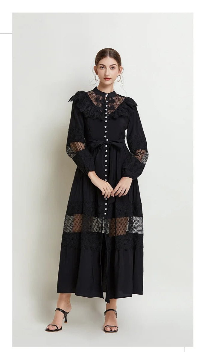 Pearl Button Lace Maxi Dress with Ruffles