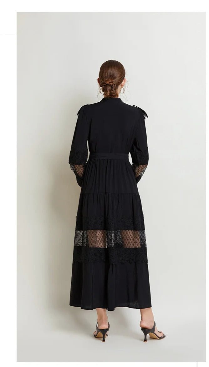 Pearl Button Lace Maxi Dress with Ruffles