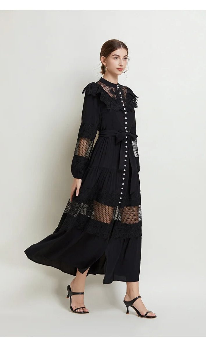 Pearl Button Lace Maxi Dress with Ruffles