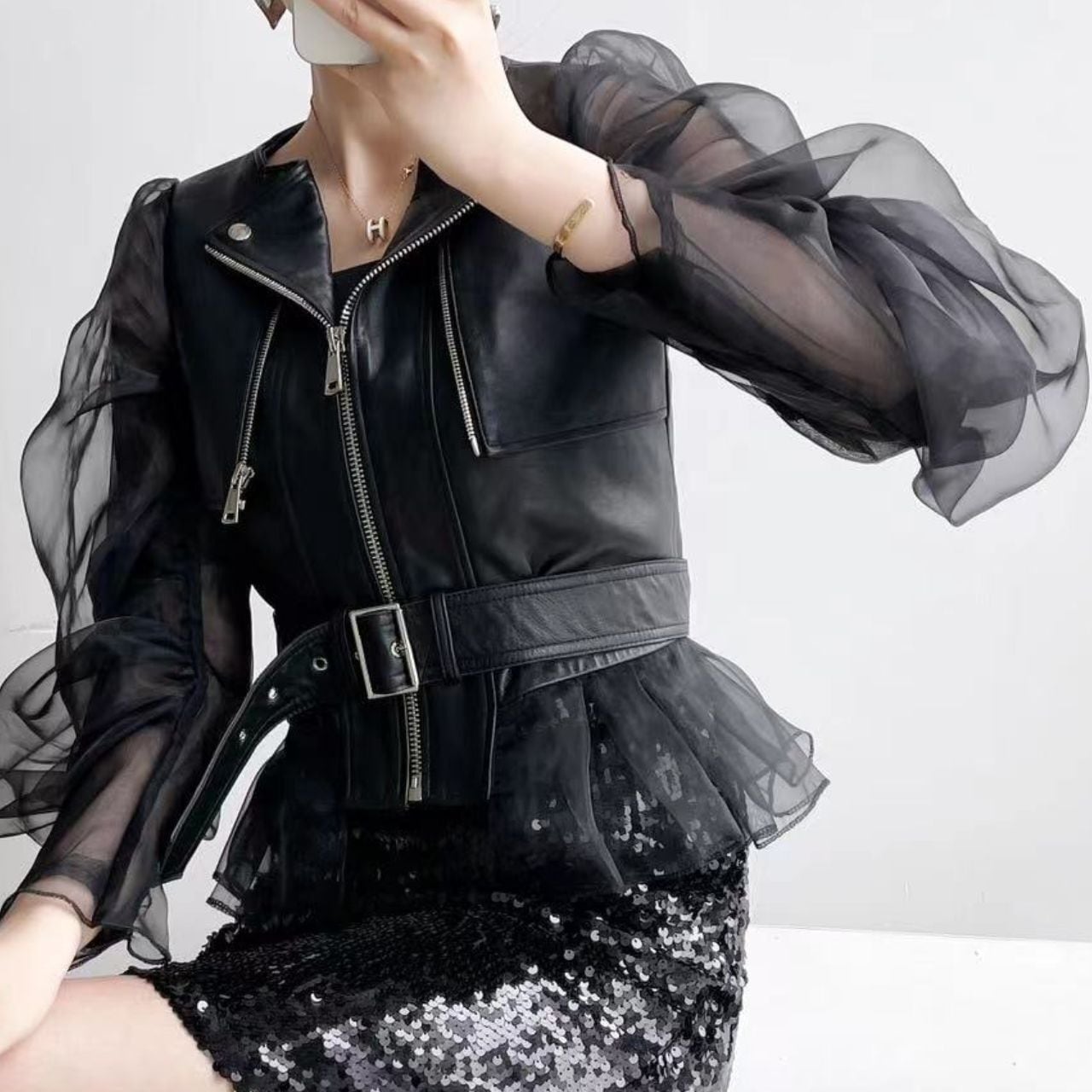 Black Mesh Double Sleeves Jacket with Zipper and Tulle Hem