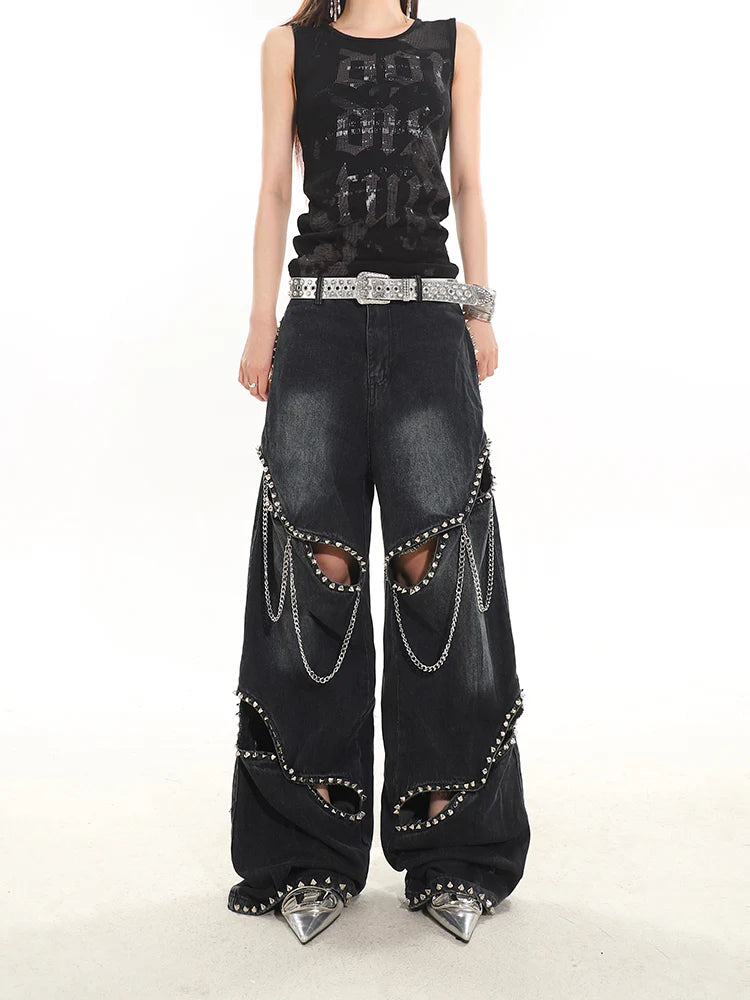 High Waist Hollow Rivet Denim Jeans