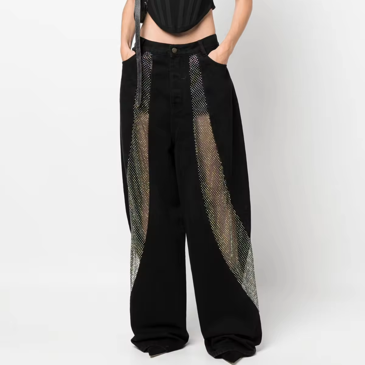 Patchwork See-Through Hollow Mesh Decor Straight Jeans