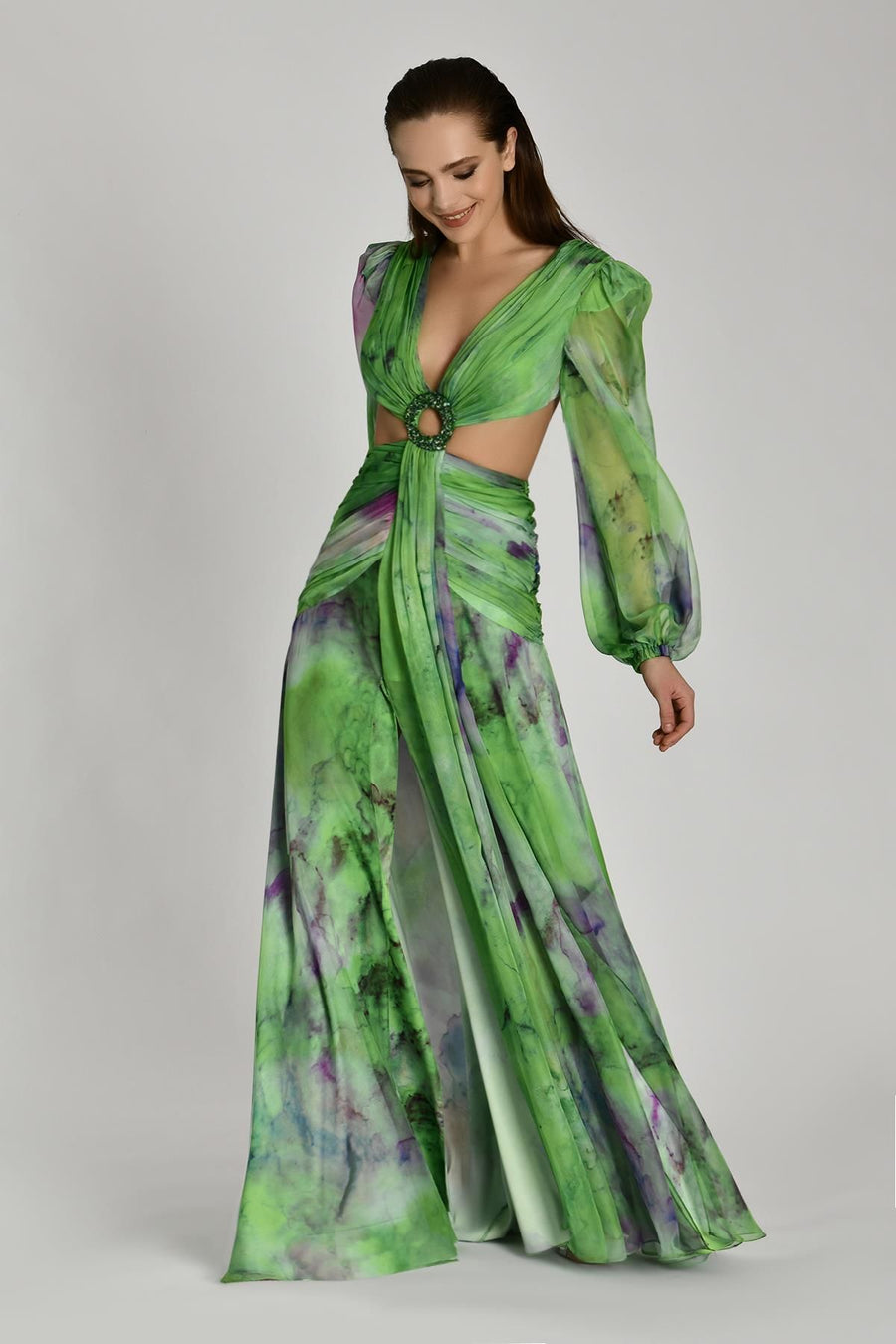 Hollow Waist Chiffon Pleated Long Sleeve Dress